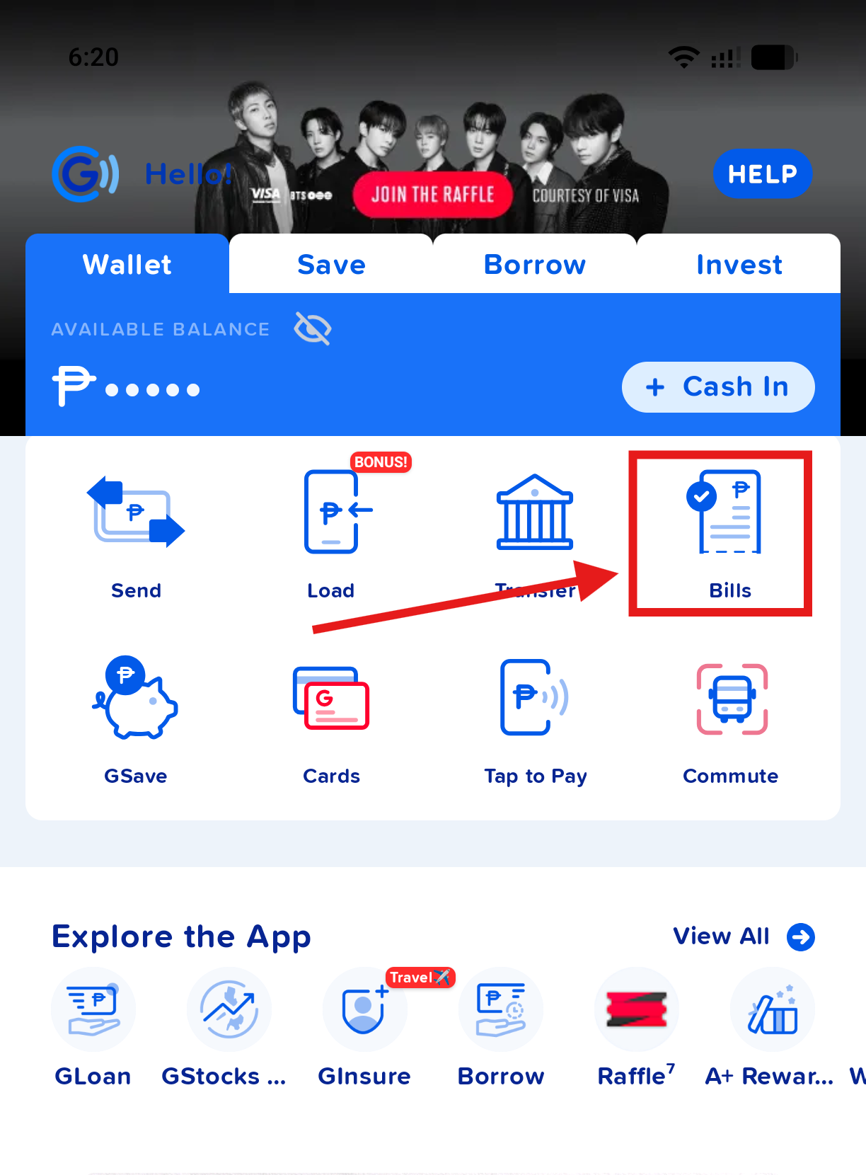 GCash Wallet tab with the Bills option highlighted