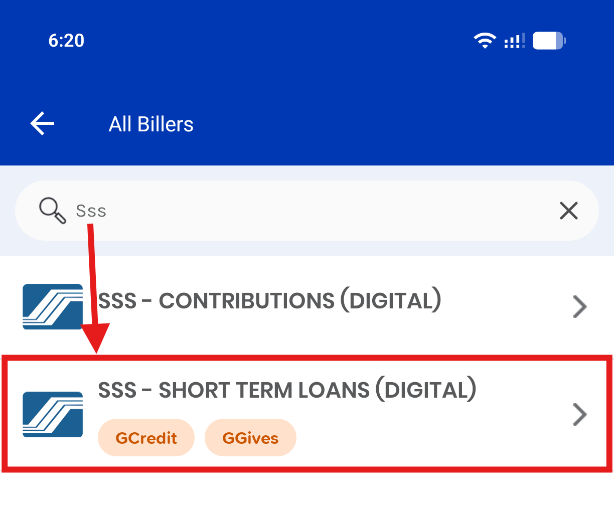 GBills SSS search results with SSS - Short Term Loans (Digital) highlighted