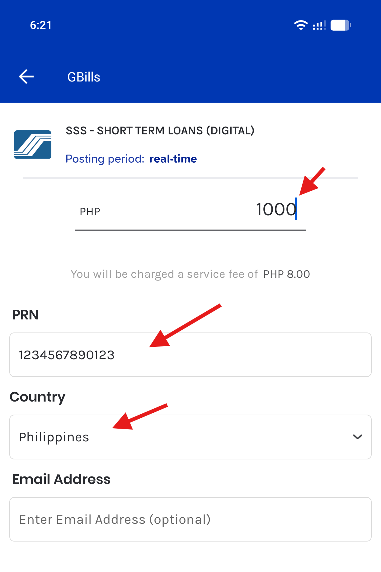 GCash SSS Short Term Loans payment form with amount, PRN, country, and email fields
