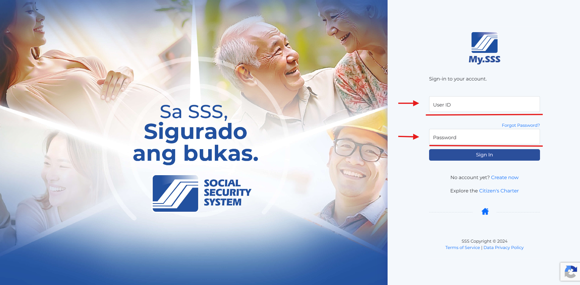 My.SSS login screen with the User ID and Password fields highlighted