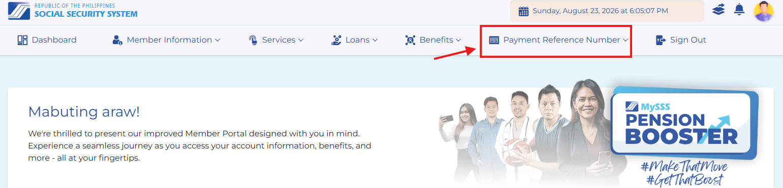 My.SSS dashboard navigation bar with Payment Reference Number highlighted