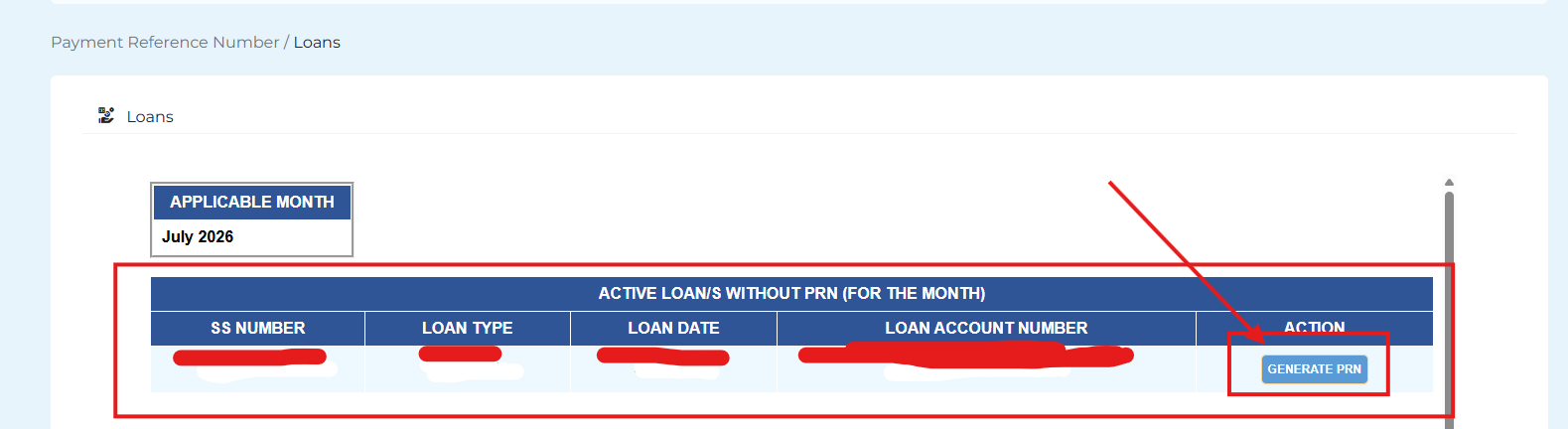 Loans page showing the Active Loans Without PRN table with the Generate PRN button highlighted